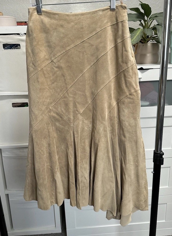 Valerie Stevens 100% Leather Midi Flare Camel Skirt Size 6