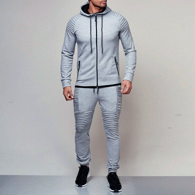 2PC Men's Striped Patchwork Tracksuit with Sweatshirt & Drawstring Pants