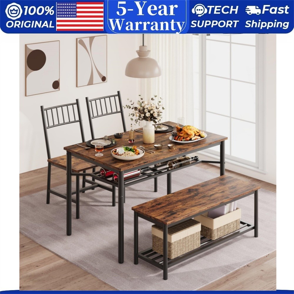 Compact 4-Person Dining Set with Storage Bench & Wine Rack - Kitchen Table & 2 Chairs