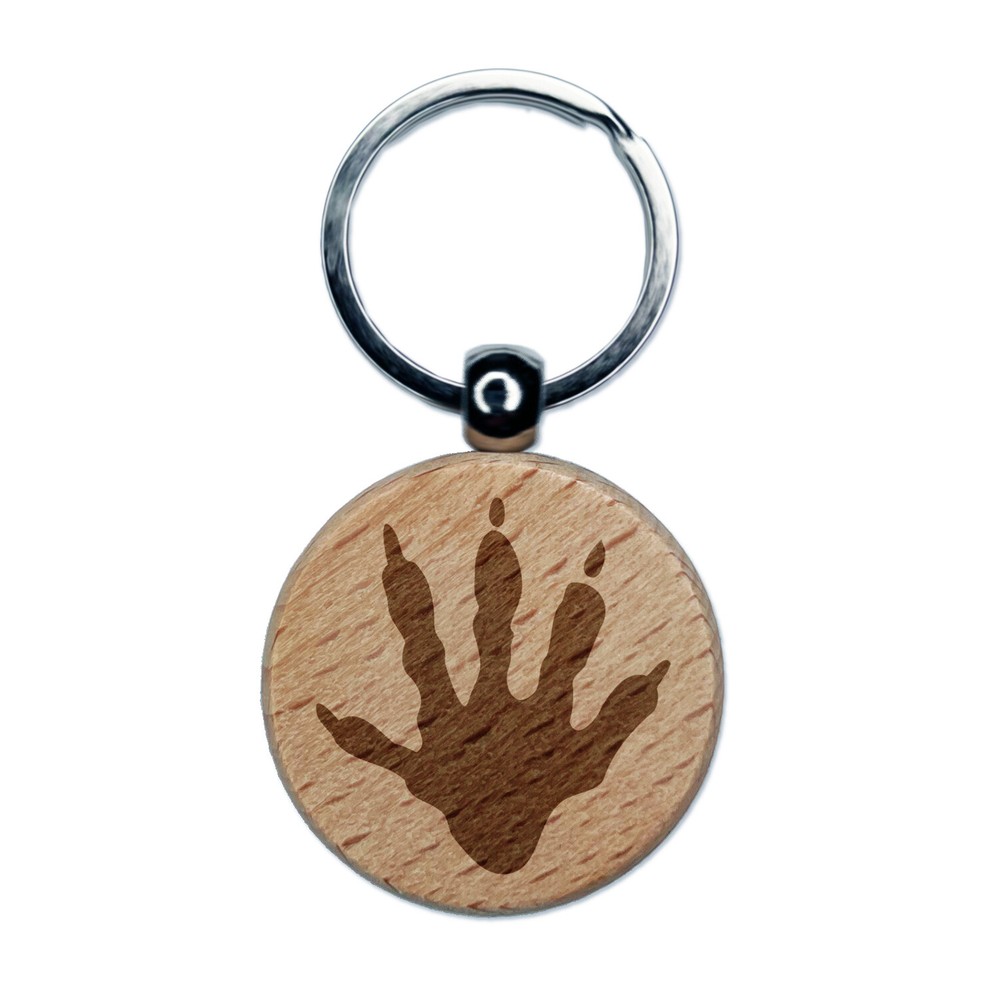Raccoon Trash Panda Hand Print Engraved Wood Round Keychain Tag Charm