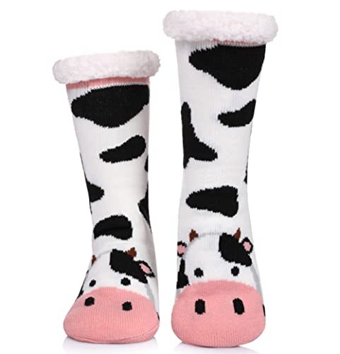 Womens Winter Slipper Socks With Grippers Cozy Warm Cute Cow-black and White)
