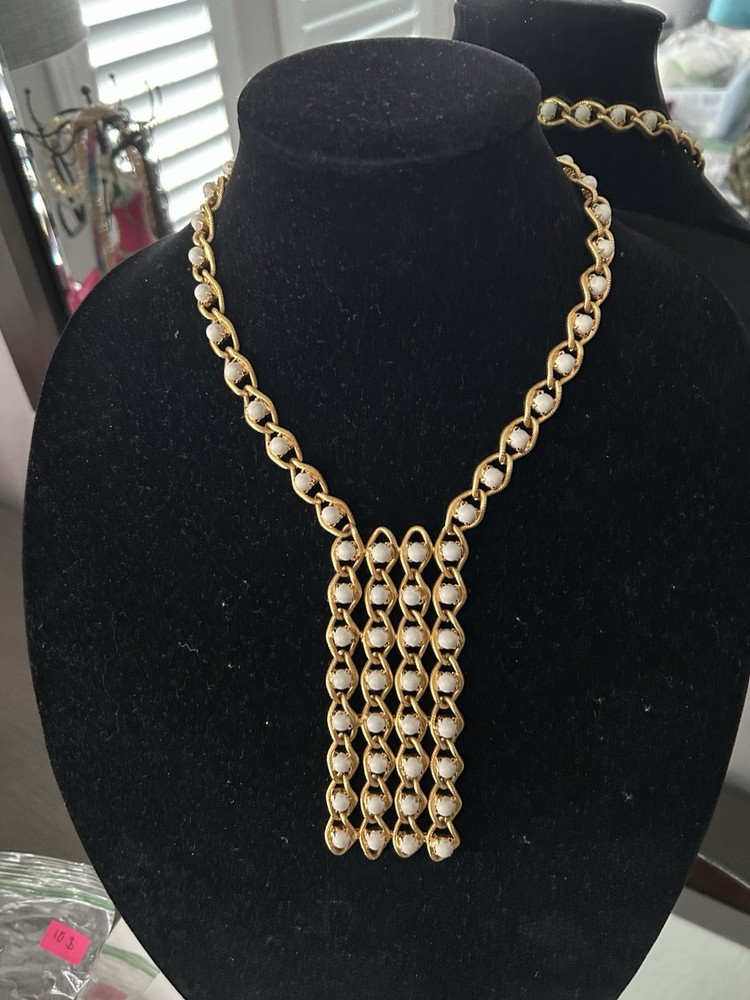 Unique, Gold Chain And White Bead Costume Necklace