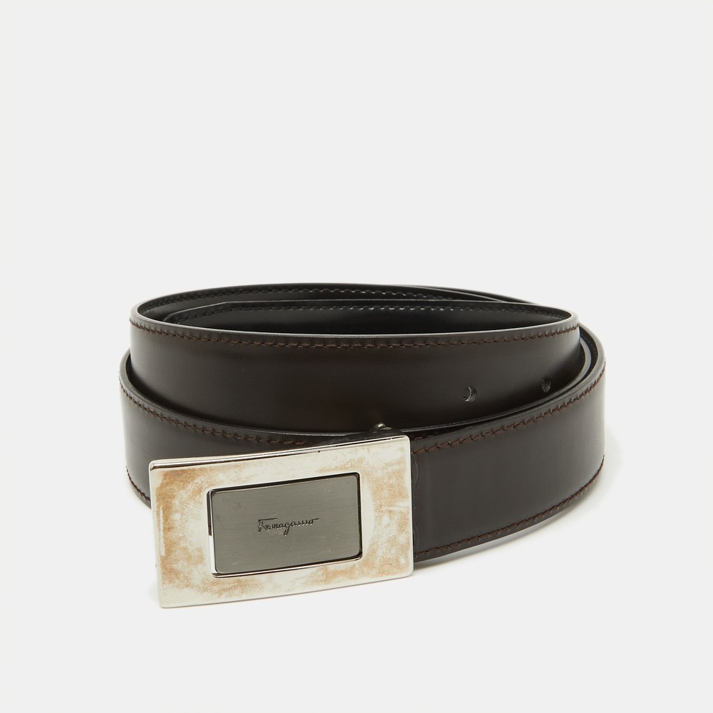 Salvatore Ferragamo Black Dark Brown Leather Adjustable Buckle Belt