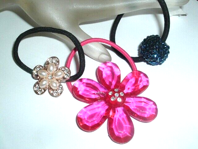 3 New Pearl Rhinestone Flower Dance Ball Ponytail Holders NWT