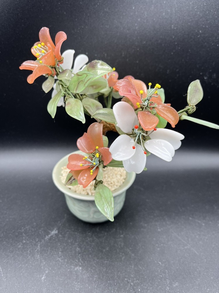 Vintage Glass Jade Bonsai Tree Plant In Pot 7”x 5.5”