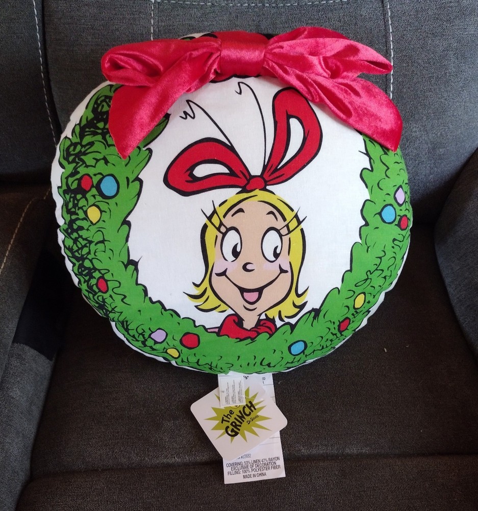Adorable Dr Seuss Grinch & Cindy Lou Who Christmas Wreath Pillow with Bow-image