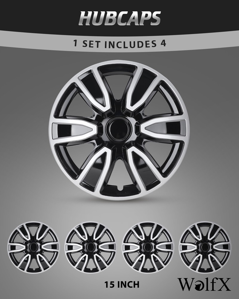 15 Inch ABS Snap-On Wheel Rim Covers Durable Silver Black Hubcaps