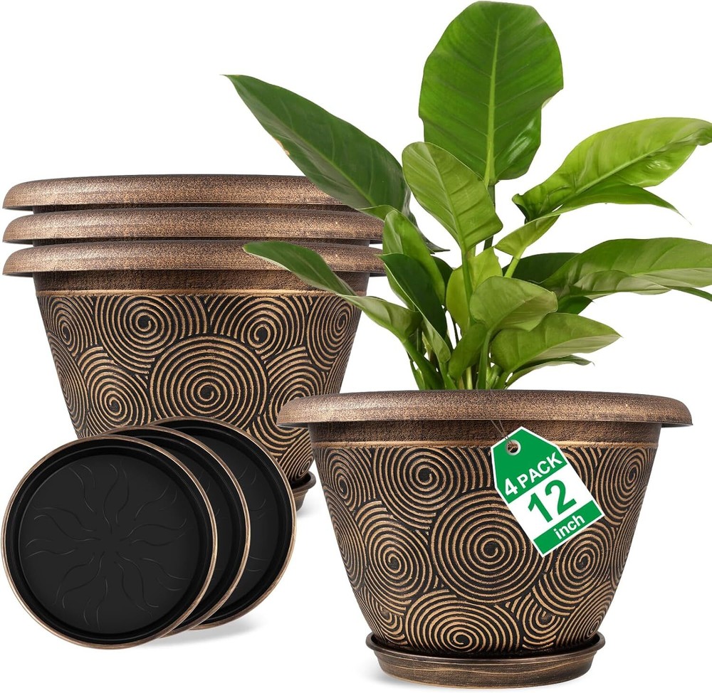 12 Inch Large Planter Pot for Plants Indoor Outdoor, 4 Pack Plastic Flower Pots