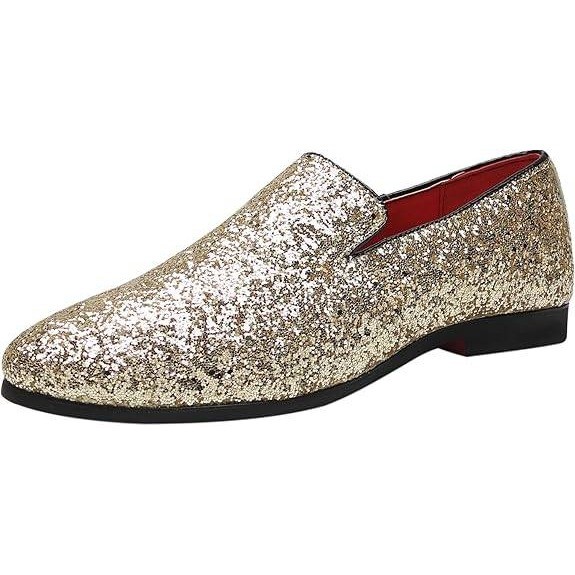 Santimon Men's US 12 Gold Glitter Slip-On Loafers Sequin Dress Shoes