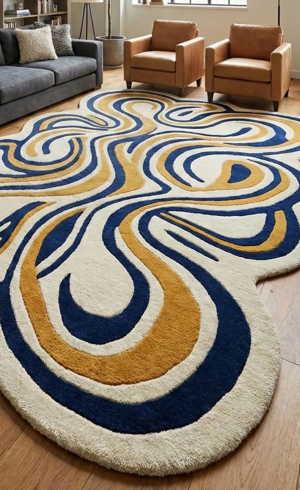 Hand Tufted Abstract Area Rug  Modern Wavy Design Wool Rug for Living Room
