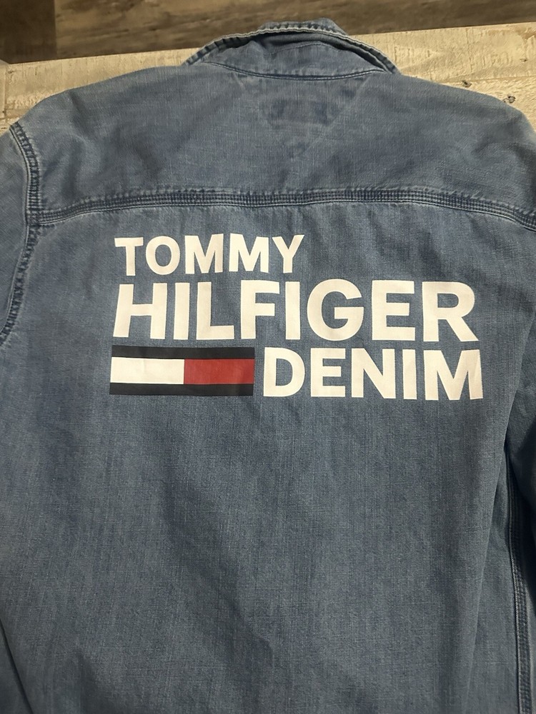 Tommy Hilfiger Mens Medium Blue Denim Jacket Relaxed Fit Y2K Logo Full Zip Spellout