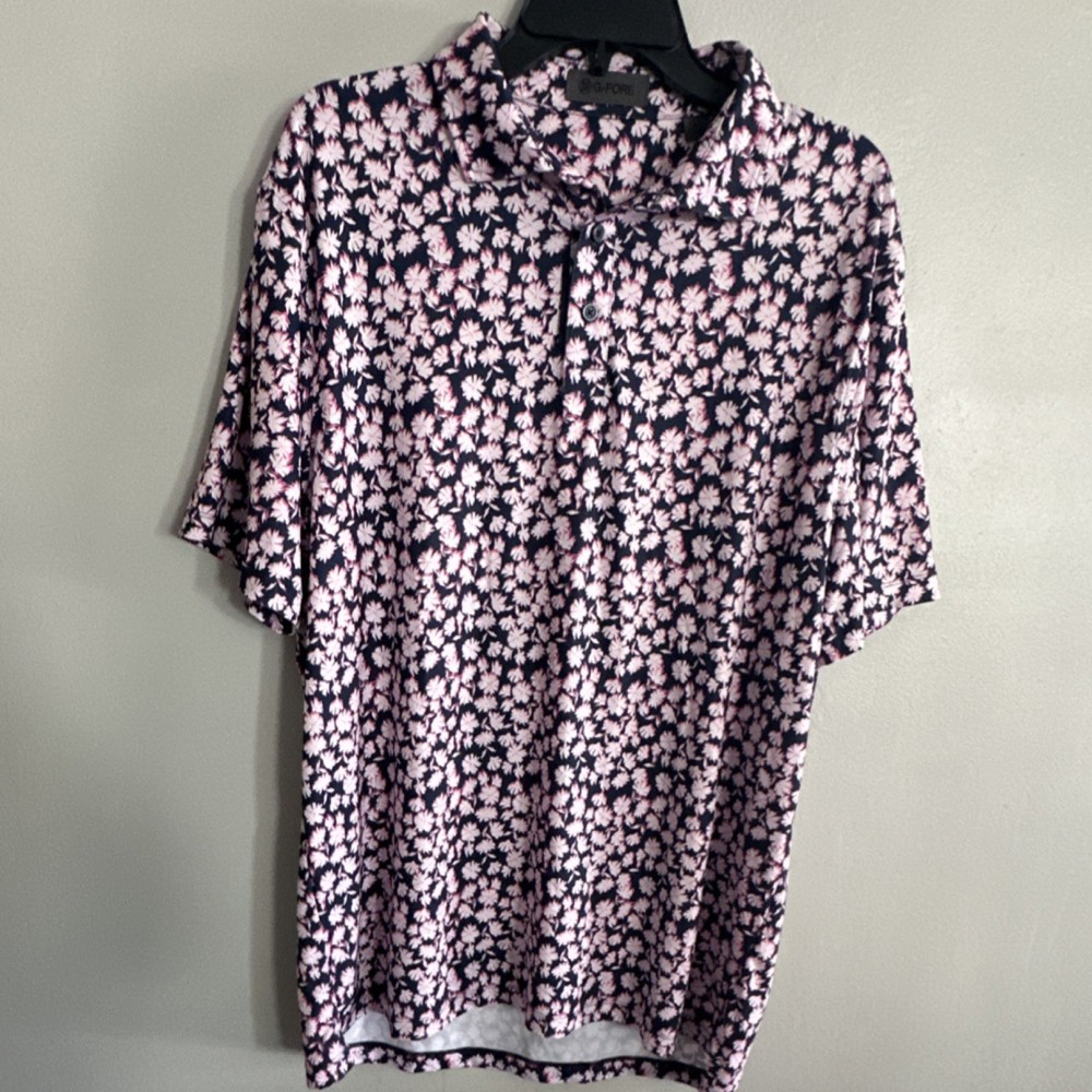 G/FORE XL Golf Polo Shirt Men's Navy Pink White Floral Short Sleeve Logo