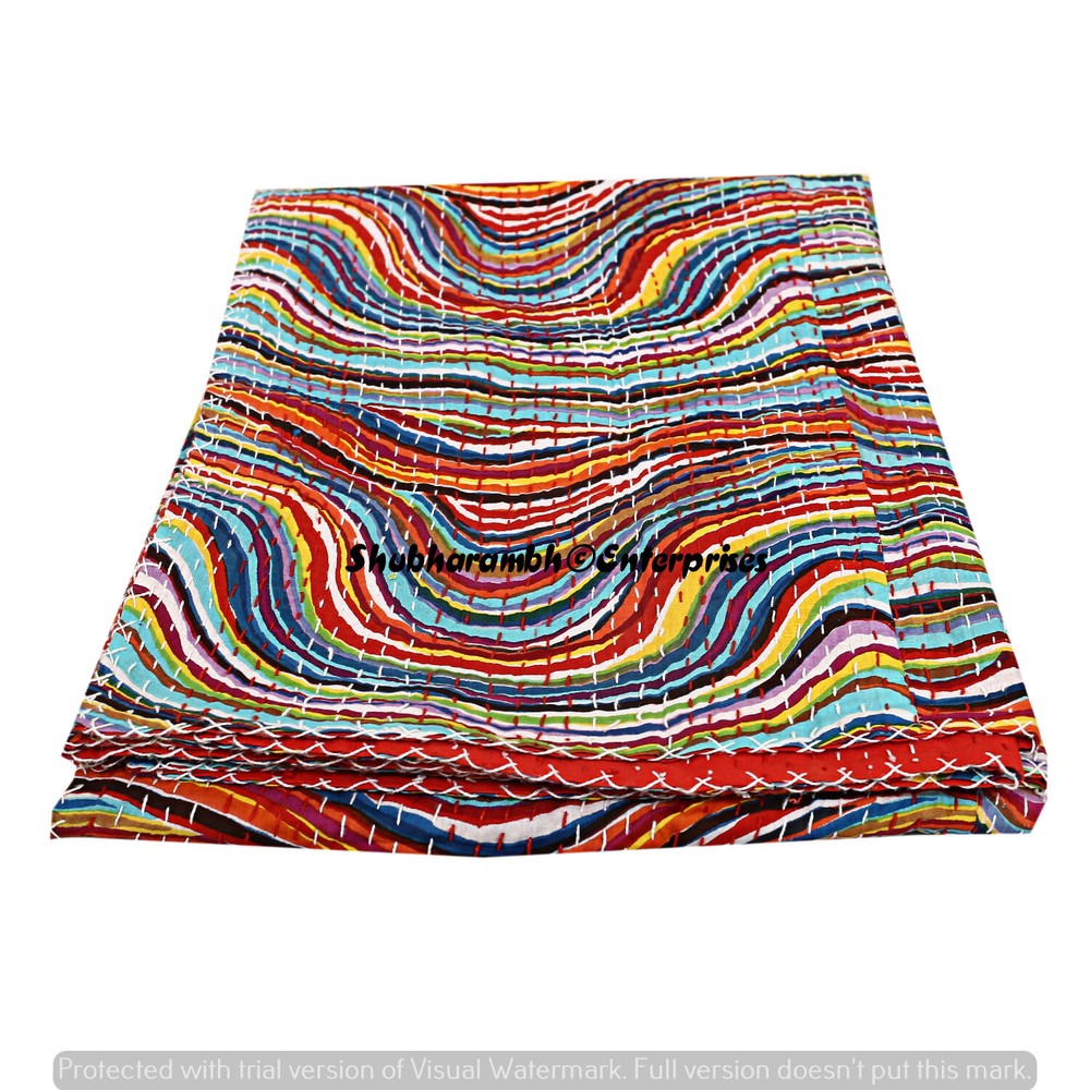 Rainbow Print Queen Kantha Quilt Cotton Bedding Bedspread Hippie Throw Blanket