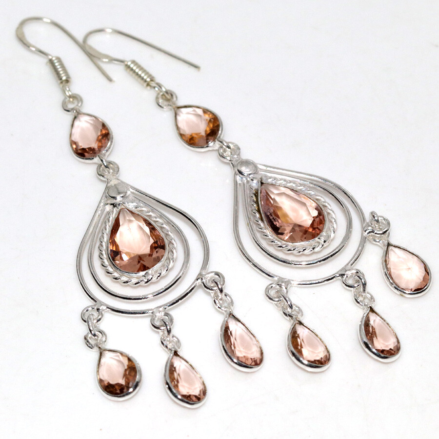 925 Silver Plated Morganite Faceted Ethnic Long Earrings 3 Inches JW Jewelry