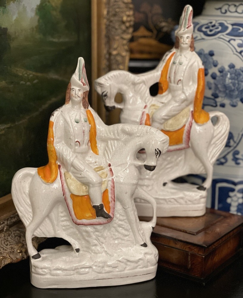 Grand Rare 19C English Staffordshire Equestrian Horse Prussian Mantle Pair 12”