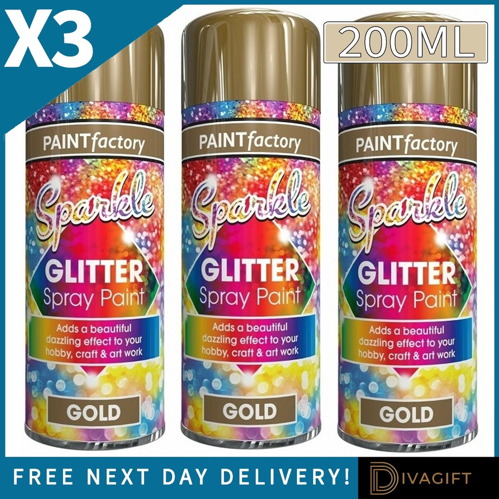 3 x GOLD GLITTER SPRAY PAINT 200ML AEROSOL FOR XMAS CHRISTMAS WOOD METAL PLASTIC
