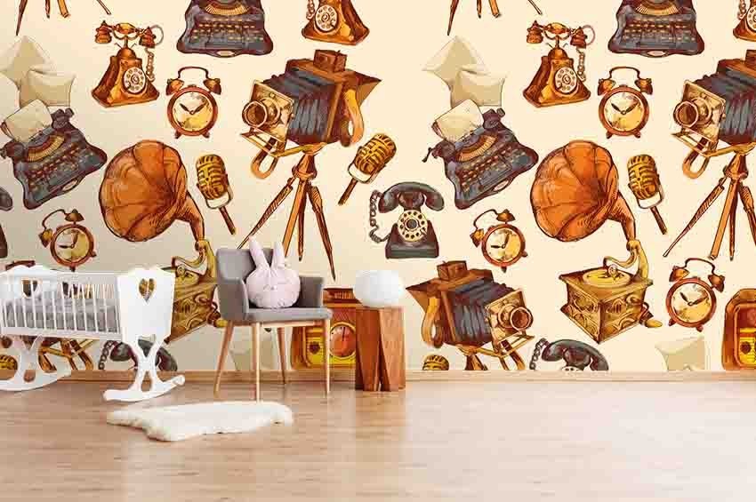 3D Vintage Camera Typewriter Telephone Wall Murals Wallpaper Murals Wall Sticker