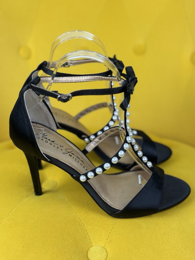 Badgley Mischka Black Satin Pearl Studded T-Strap Pumps Size 8