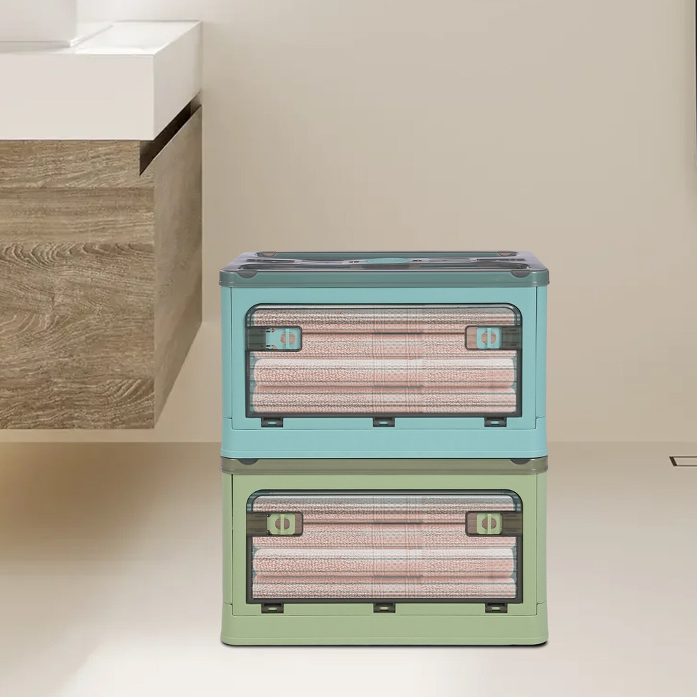 Foldable Stackable 2-Tier Storage Bin in Green and Blue