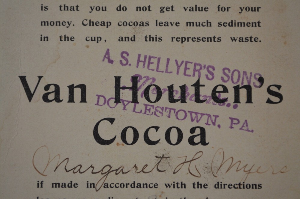 A.S. Hellyer's Sons Doylestown Bucks County PA Trade Card for Van Houten's Cocoa