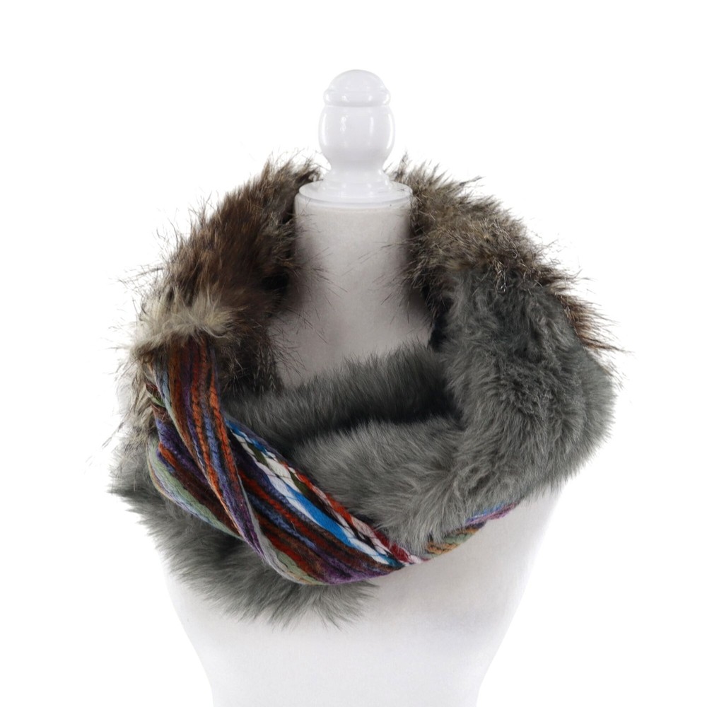 Gray Boho Cable Knit Faux Fur Infinity Scarf Warm Mixed Media Bohemian Style
