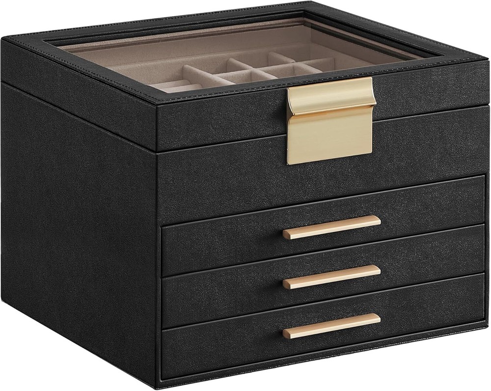 SONGMICS Jewelry Box with Glass Lid, 4-Layer Jewelry Organizer, 3 Drawers