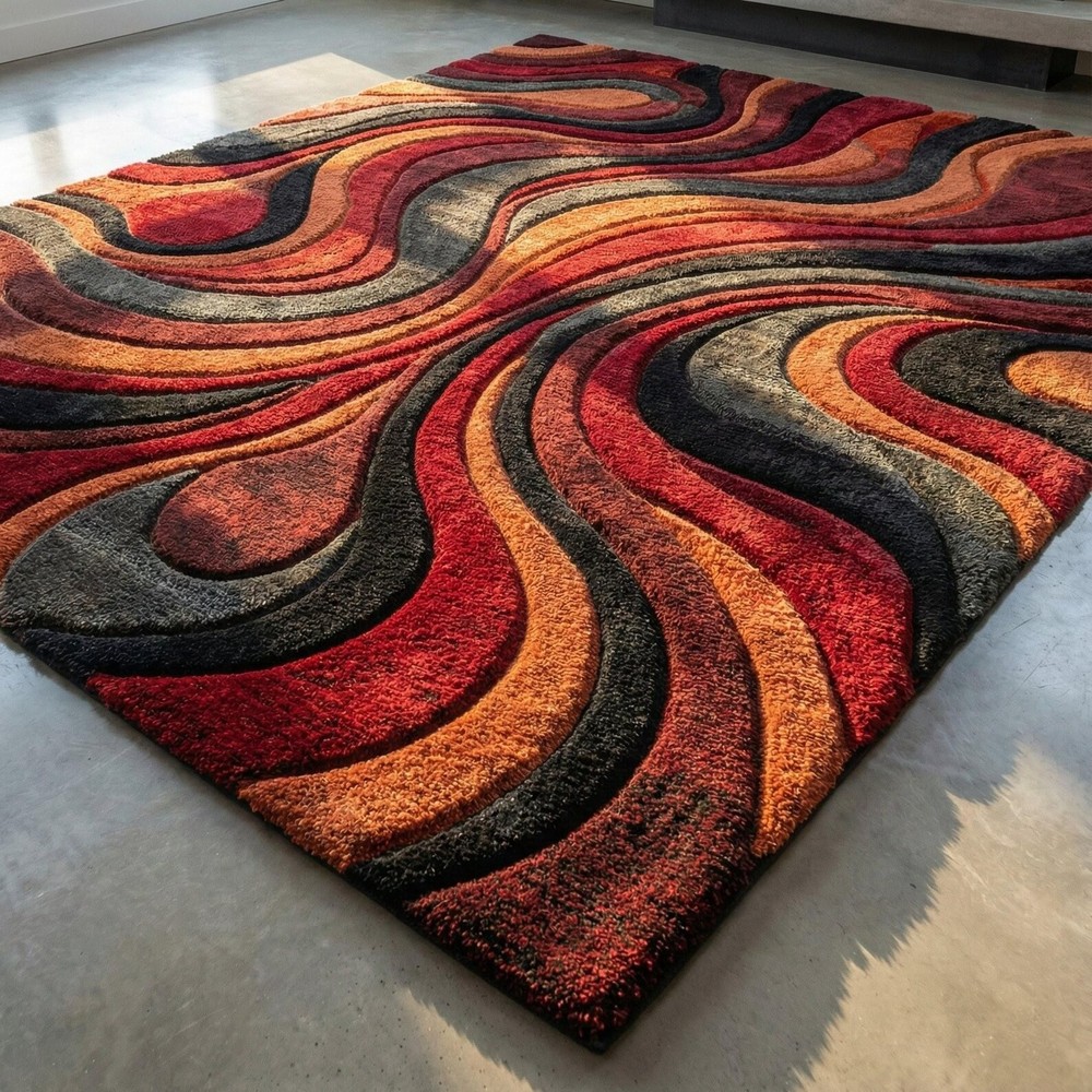 Modern Abstract Wave Area Rug – Hand Tufted Wool Carpet in Red, Rust & Black