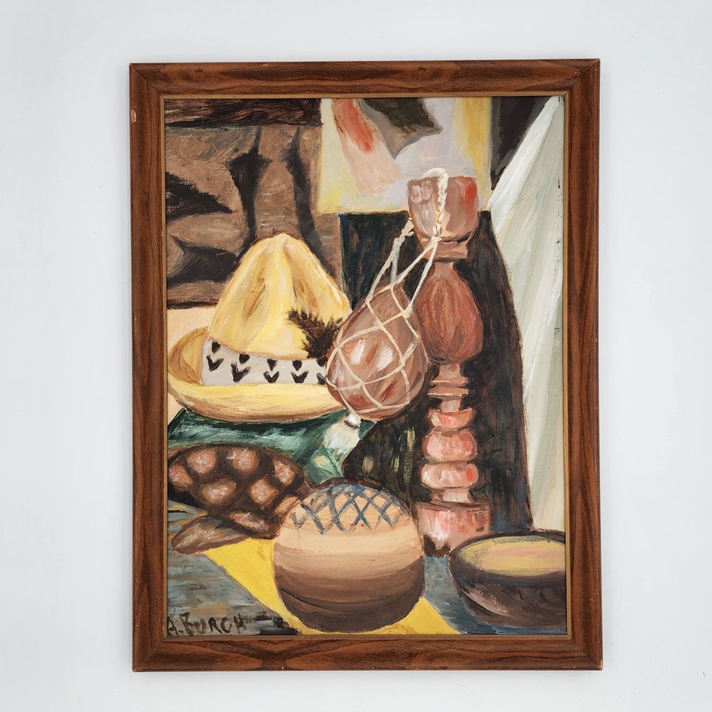 Vintage Mid-Century Modern Mexican Folk Art Still Life Oil Painting Signed 26x28