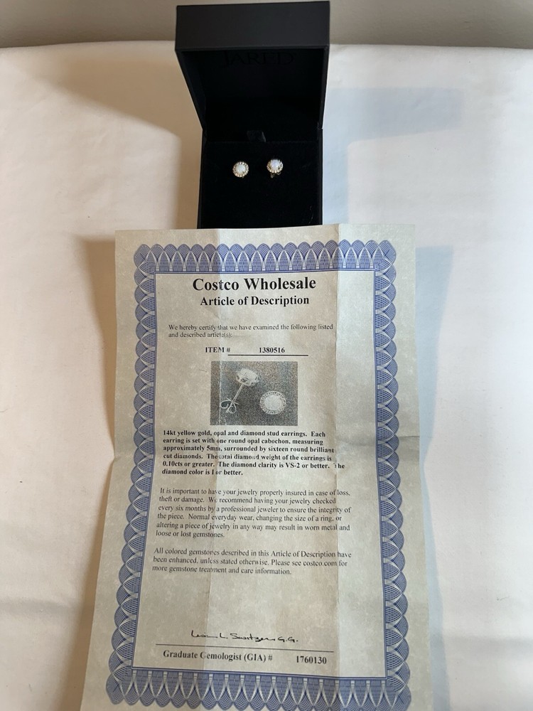 Costco Wholesale 14k Gold, O pal & Diamond Stud Earrings.  See Certificate For D