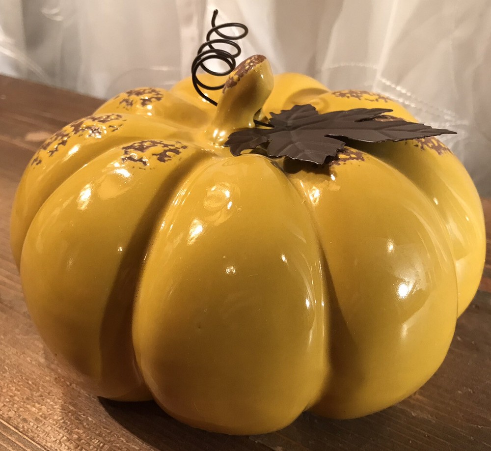 Ceramic Yellow Pumpkin Decor with Metal Leaf Vine Accents 6.3 X 3.91 Inches Autumn Home Decor
