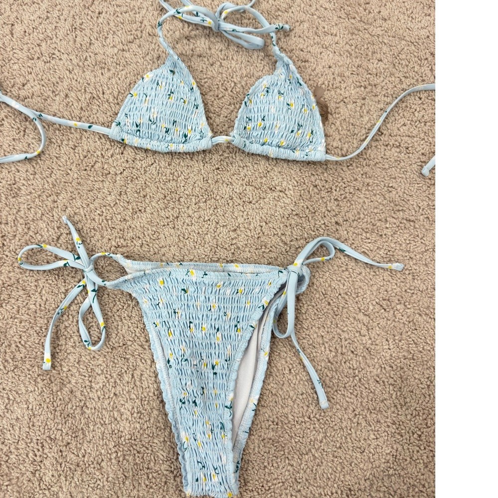 Floral Smocked Triangle Bikini Set Light Blue Yellow Small 2 Piece Swimsuit