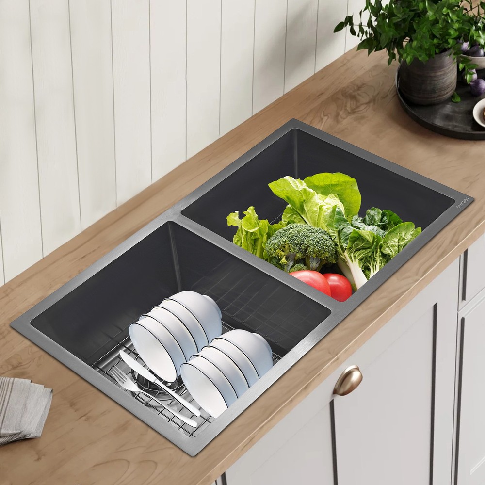Modern 304 Stainless Steel Double Bowl Kitchen Sink 14x16 Inches-image
