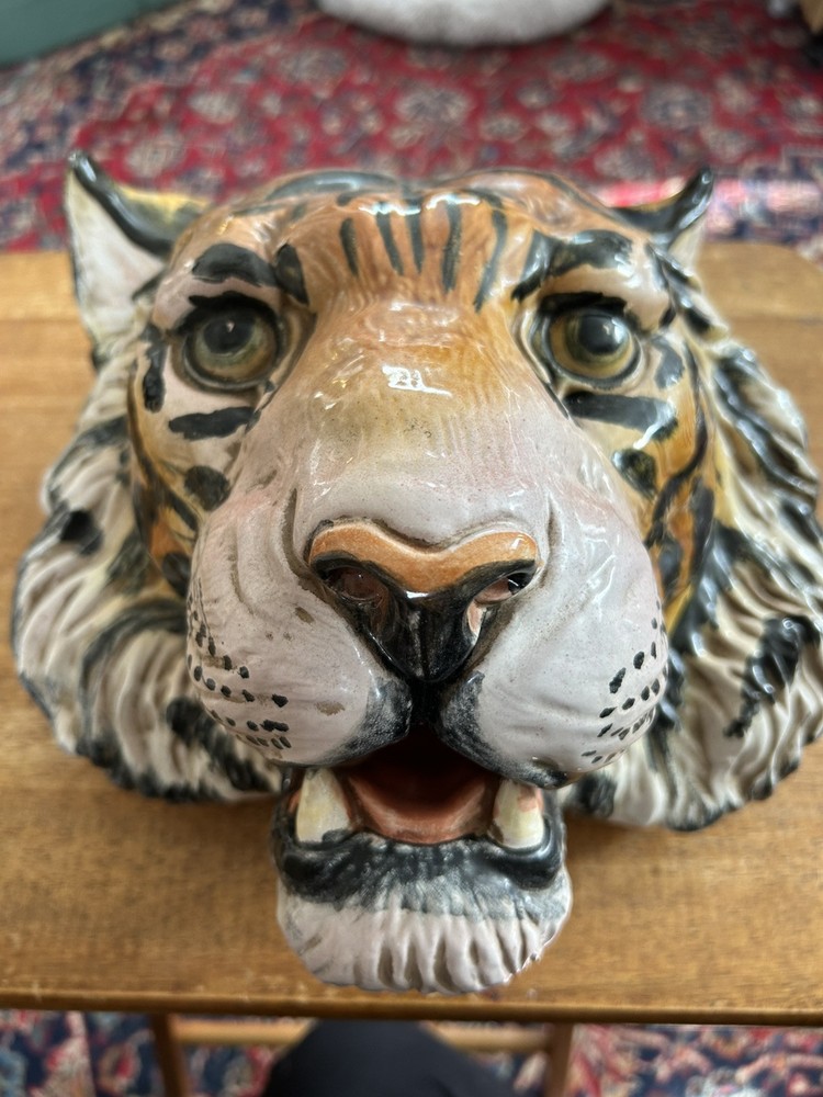 Vintage Hand-Painted Tiger Head Terracotta Wall Art