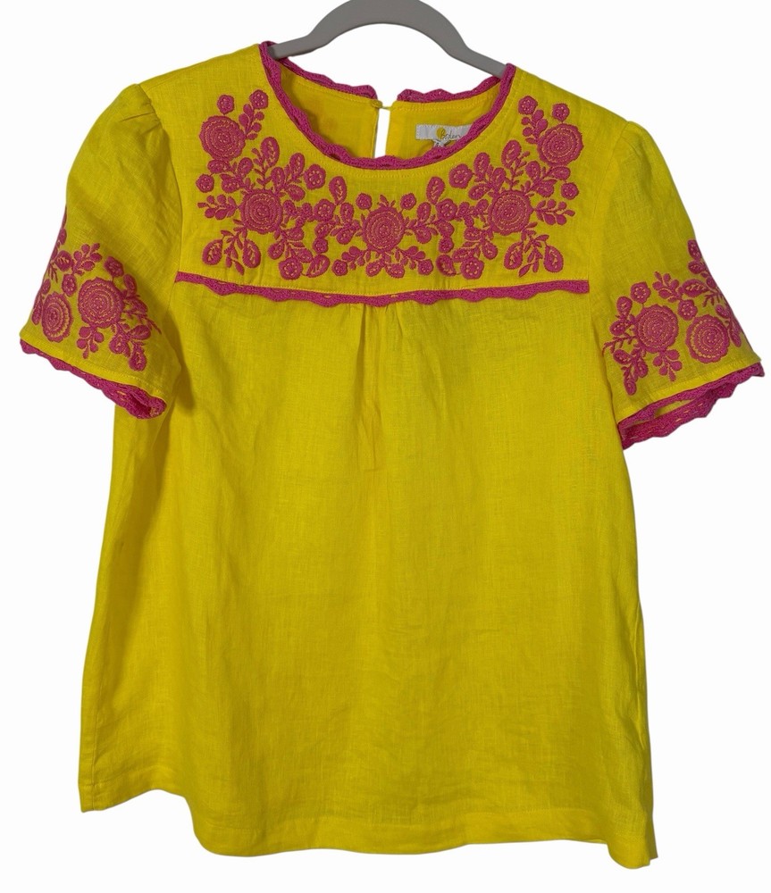 NWT Boden Embroidered Linen Peasant Top Yellow Pink Size US 6 UK 10