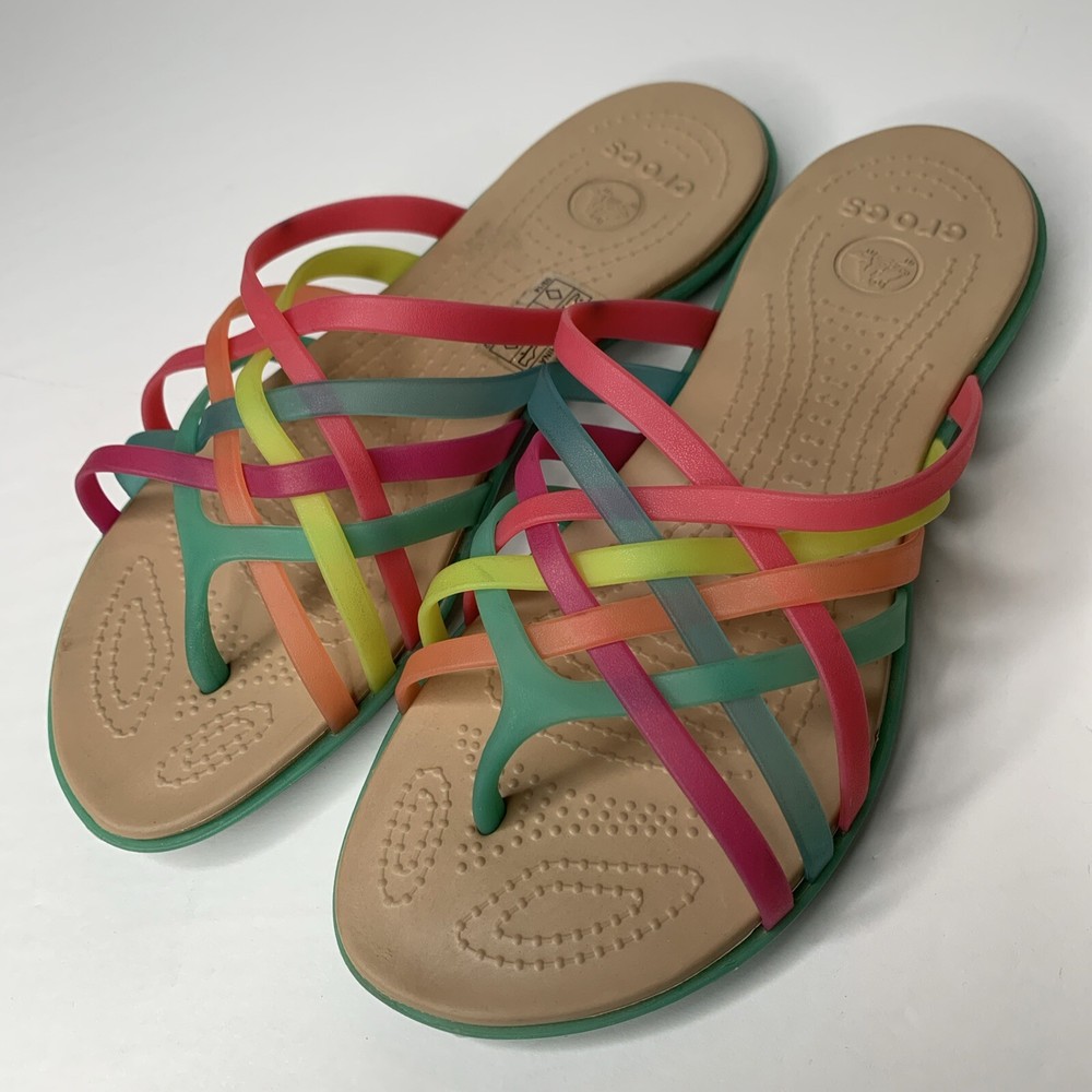 CROCS HUARACHE MULTICOLOR RAINBOW JELLY STRAPPY TOE THONG SLIDES SANDALS SHOE 7