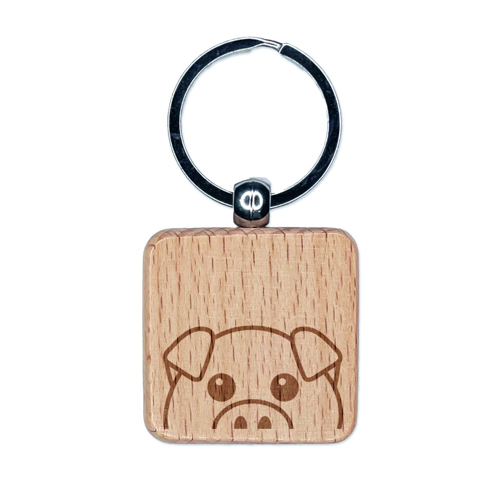 Peeking Pig Engraved Wood Square Keychain Tag Charm