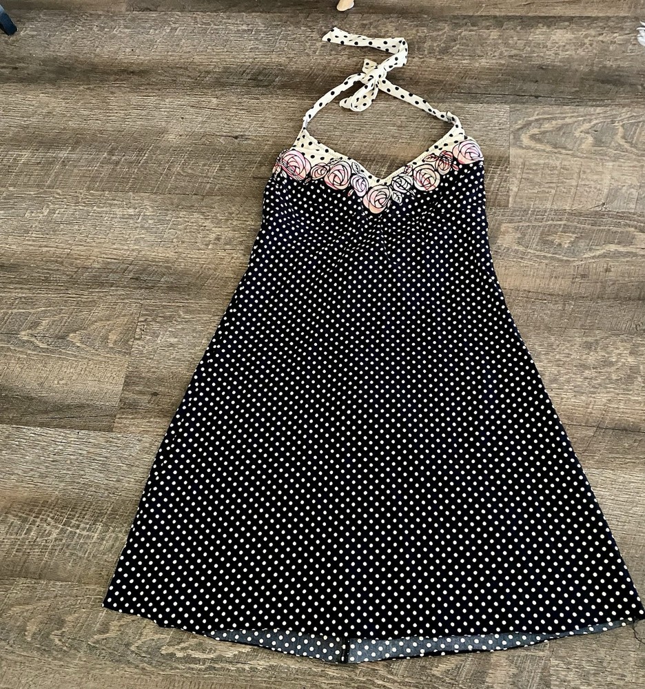 Y2K Betsey Johnson Black white  Polka Dot  Floral Neck Swimsuit Dress Cover Up