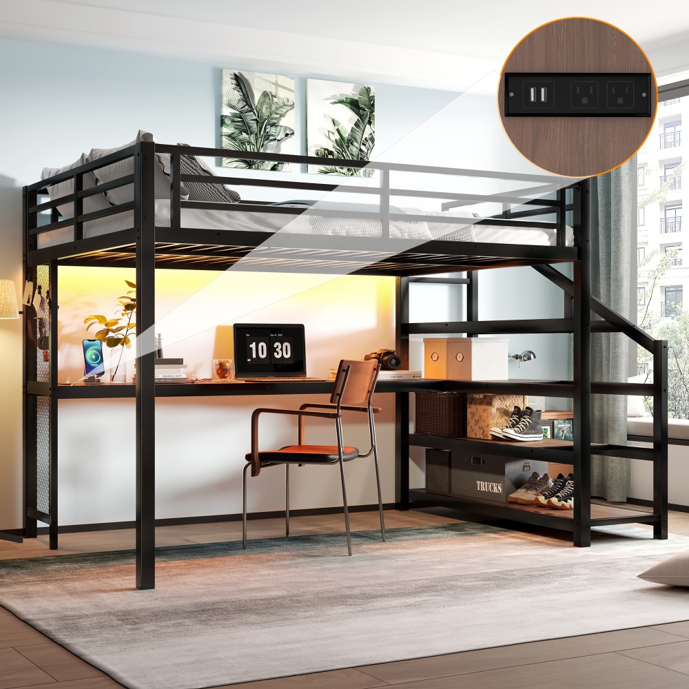 Queen Size Loft Bed w/Desk & Storage Stairs, Metal Loft Bed w/LED Lights Black