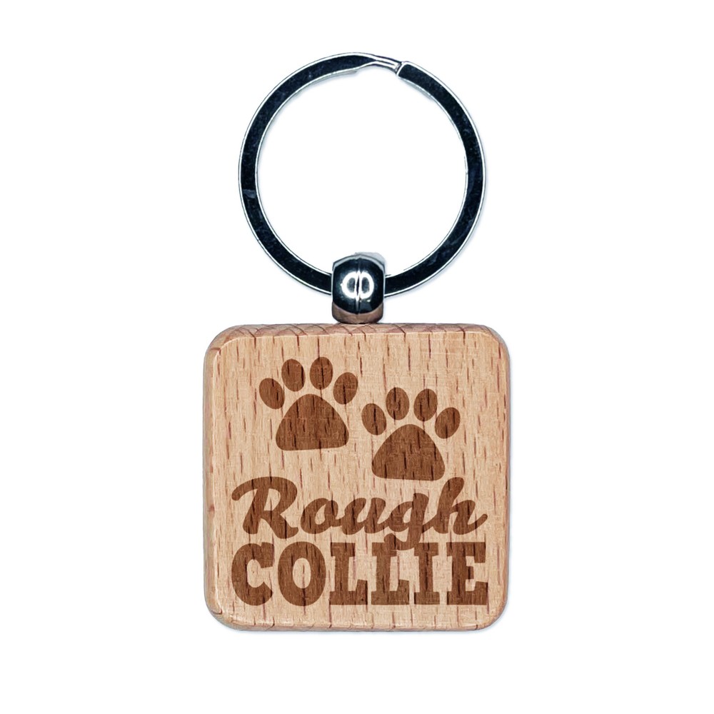 Rough Collie Paw Print Engraved Wooden Keychain Charm Tag  