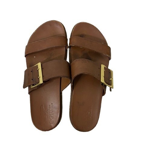 Sorel Roaming Buckle Slide Camel Brown Leather Sandals Size 9  