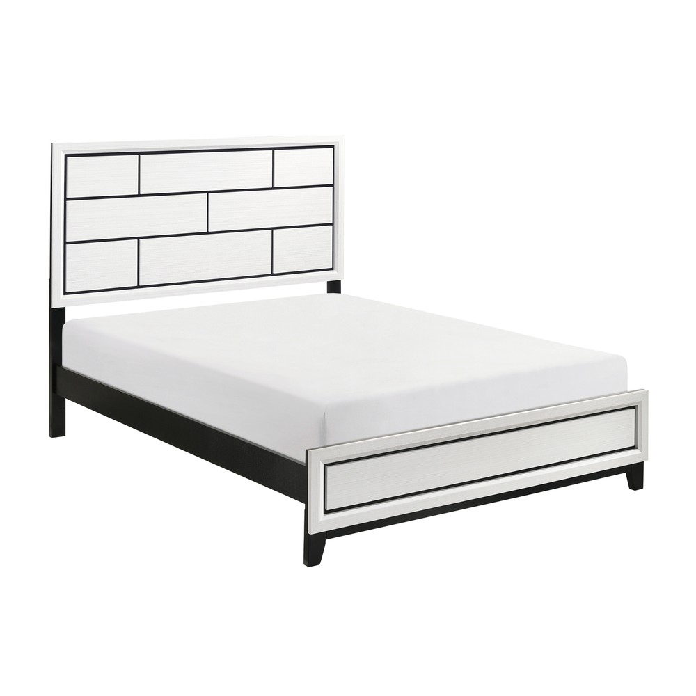 Modern White Finish Queen Wood Bed with Black Linens Stylish Bedroom Furniture