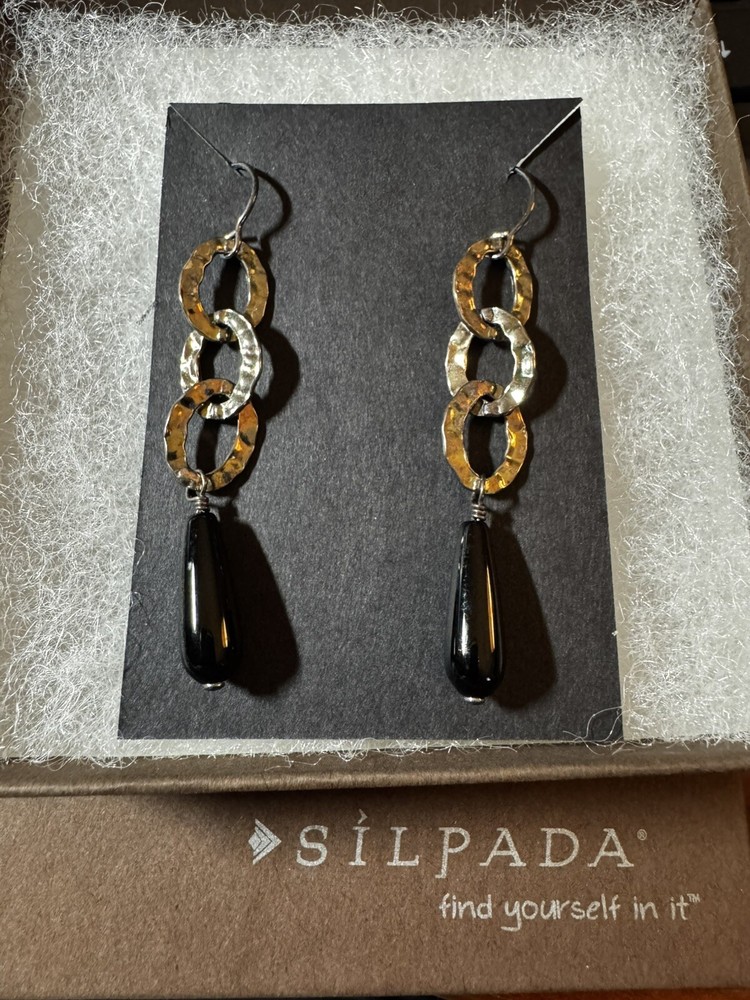 Silpada Oxidized Hammered Ovals Sterling Silver 925 Black Onyx Dangle Earrings