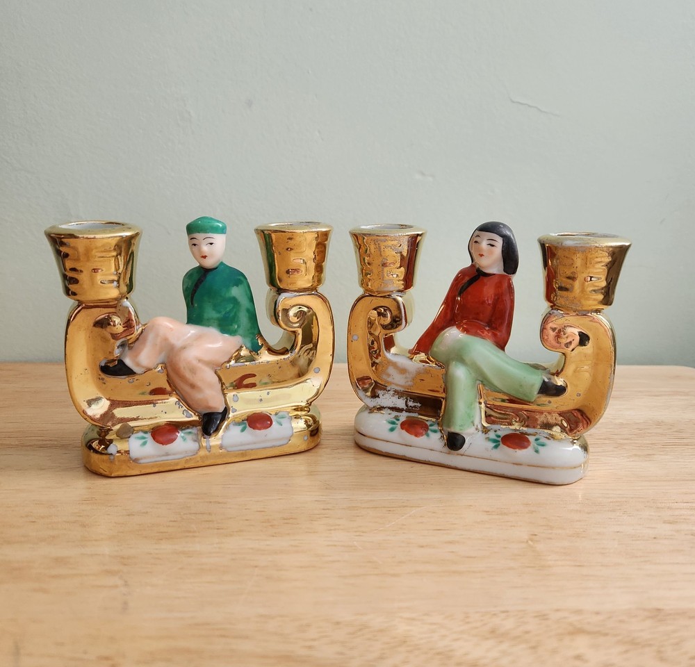 Pair Of Antique Asian Double Candle Stick Holders Figurines Made In Japan