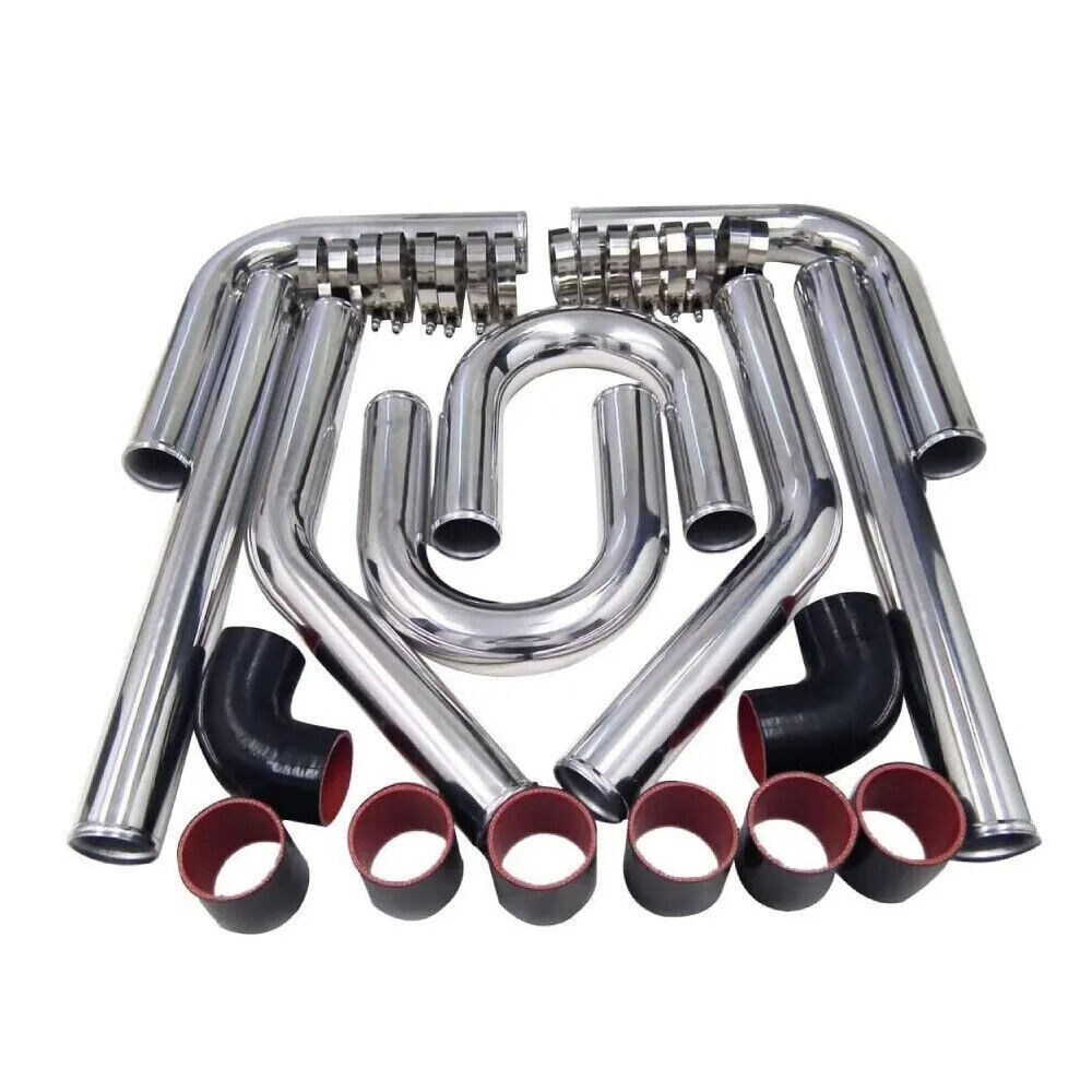 3 Inch Polished Intercooler Piping Kit with Black Silicone U Pipe Couplers and Clamps for DIY Upgrade