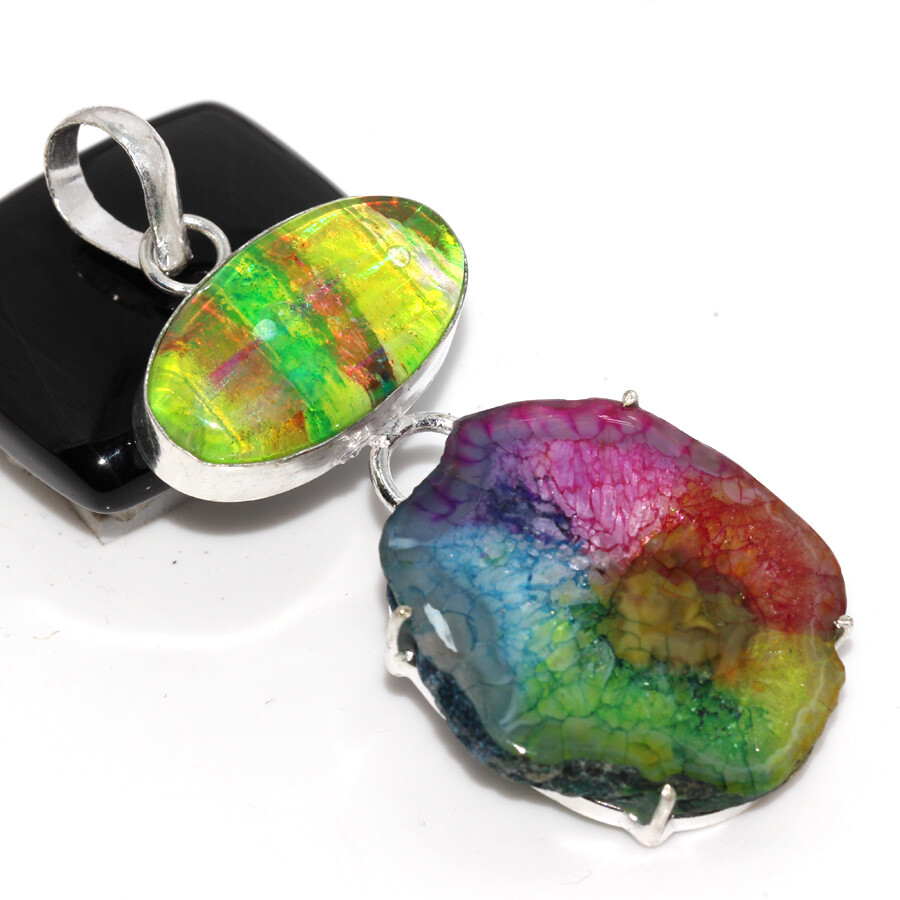 925 Silver Plated Rainbow Solar Quartz Opalite Long Pendant Size 2.6
