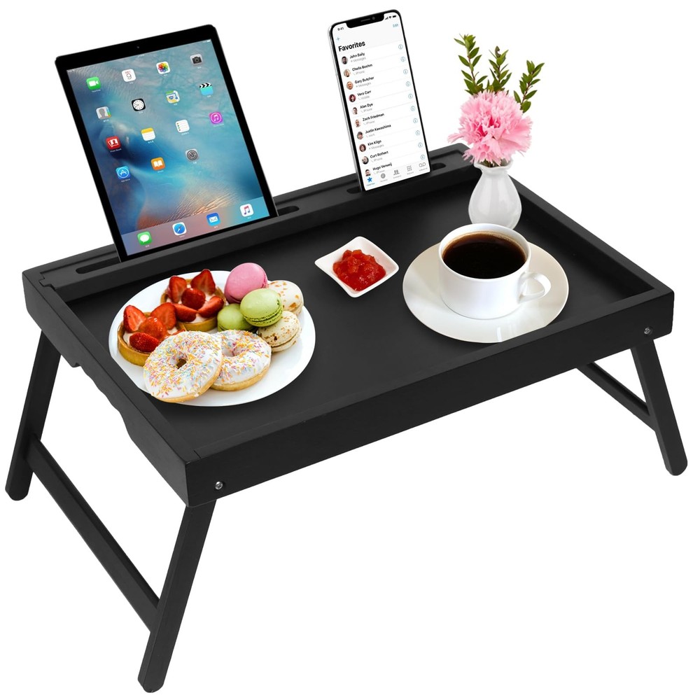 Bed Tray Table with Handles Folding Legs,Bamboo Breakfast Food Tray with Medi...