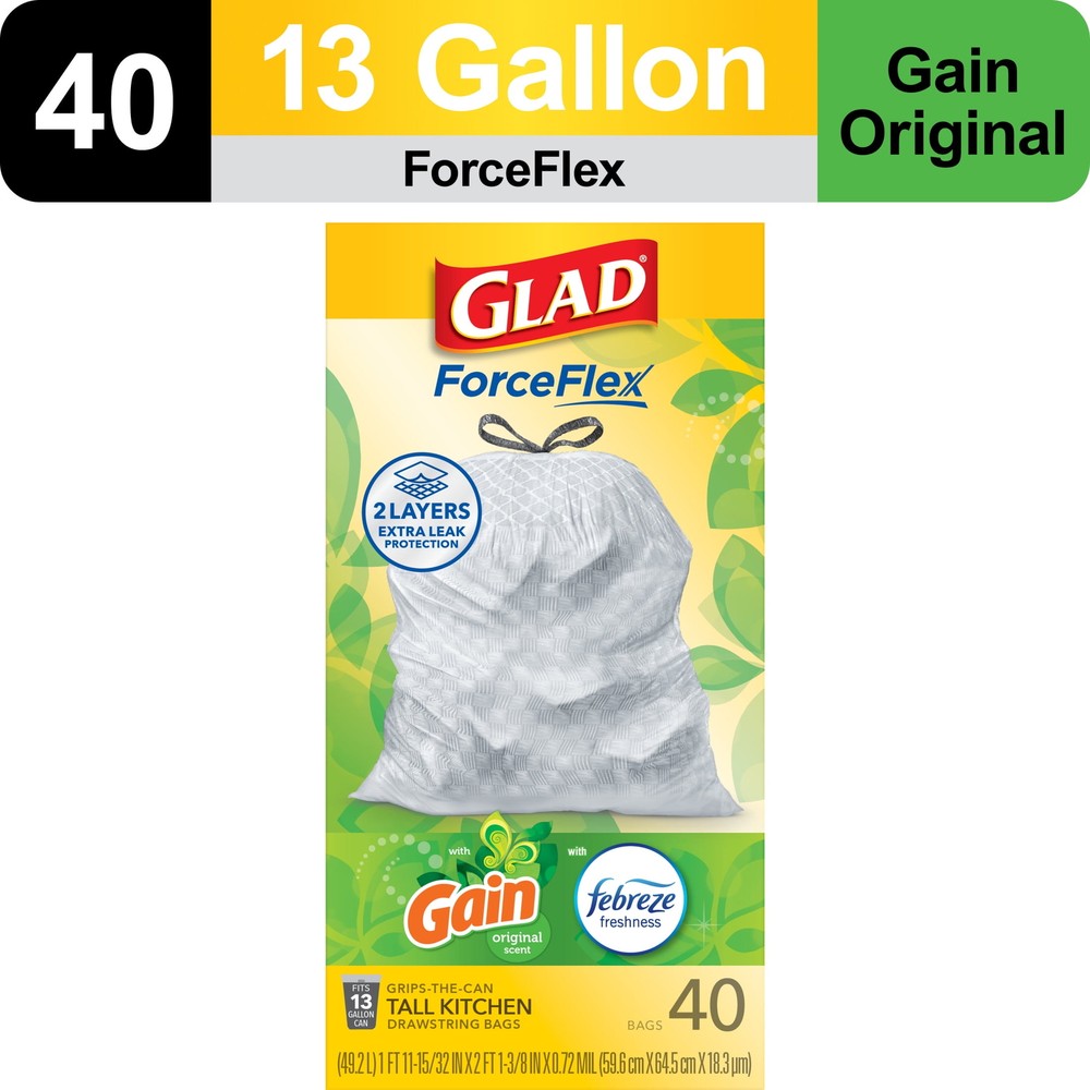Glad ForceFlex Tall Kitchen Drawstring Trash Bags, 13 Gallon, Gain Original