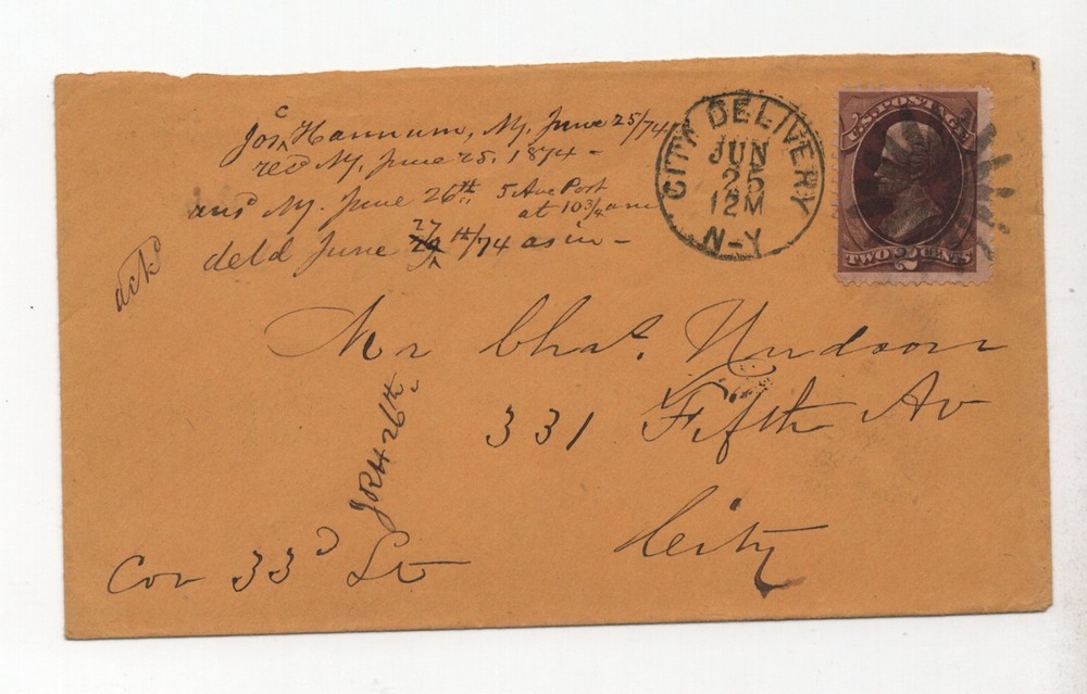 US 1874 CITY DELIVERY N.Y. FANCY DUPLEX CANCEL TYING SCOTT #157 ON COVER TO CITY