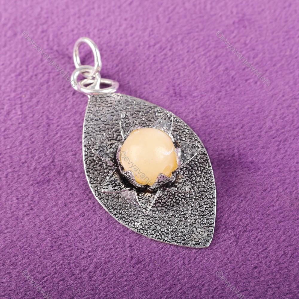 Christmas Sale 925 Sterling Silver Round Honey Calsite Stone New Beaded Pendant-image