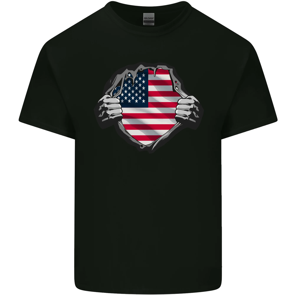 USA Flag Ripped Torn Gym America July 4th Mens Cotton T-Shirt Tee Top
